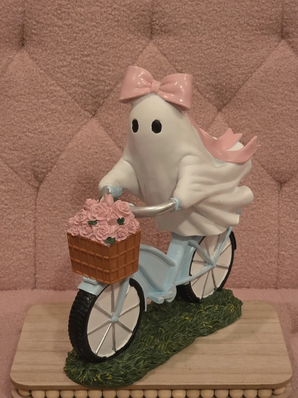 Pink Bow Ghost on Blue Bicycle Figurine with Flower Basket